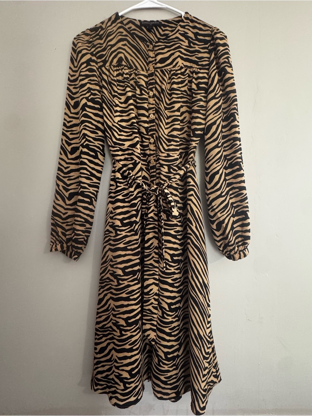 Banana Republic Size 0 Long Sleeve Animal Print Shirt Dress Tie Waist
